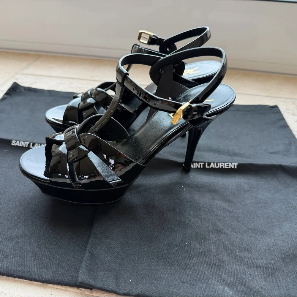 Saint Laurent Black Patent Leather Bow Strappy Heels - Picture 2 of 5